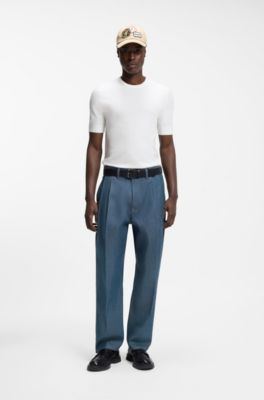 Jean coupe d&eacute;contract&eacute;e en denim japonais bleu, Bleu