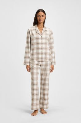 Cotton-blend pyjama bottoms with check pattern, Beige Patterned
