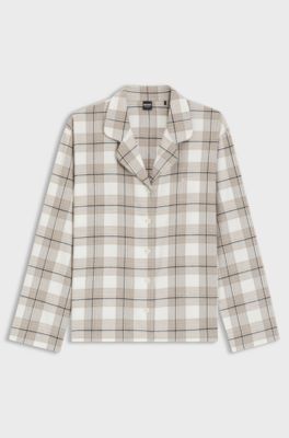 Cotton-blend pyjama shirt with check pattern, Beige Patterned
