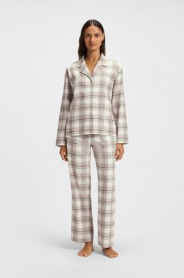 Cotton-blend pyjama shirt with check pattern, Beige Patterned