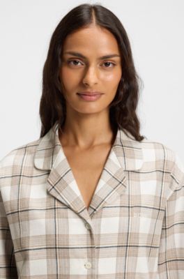 Cotton-blend pyjama shirt with check pattern, Beige Patterned