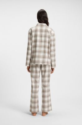 Cotton-blend pyjama shirt with check pattern, Beige Patterned