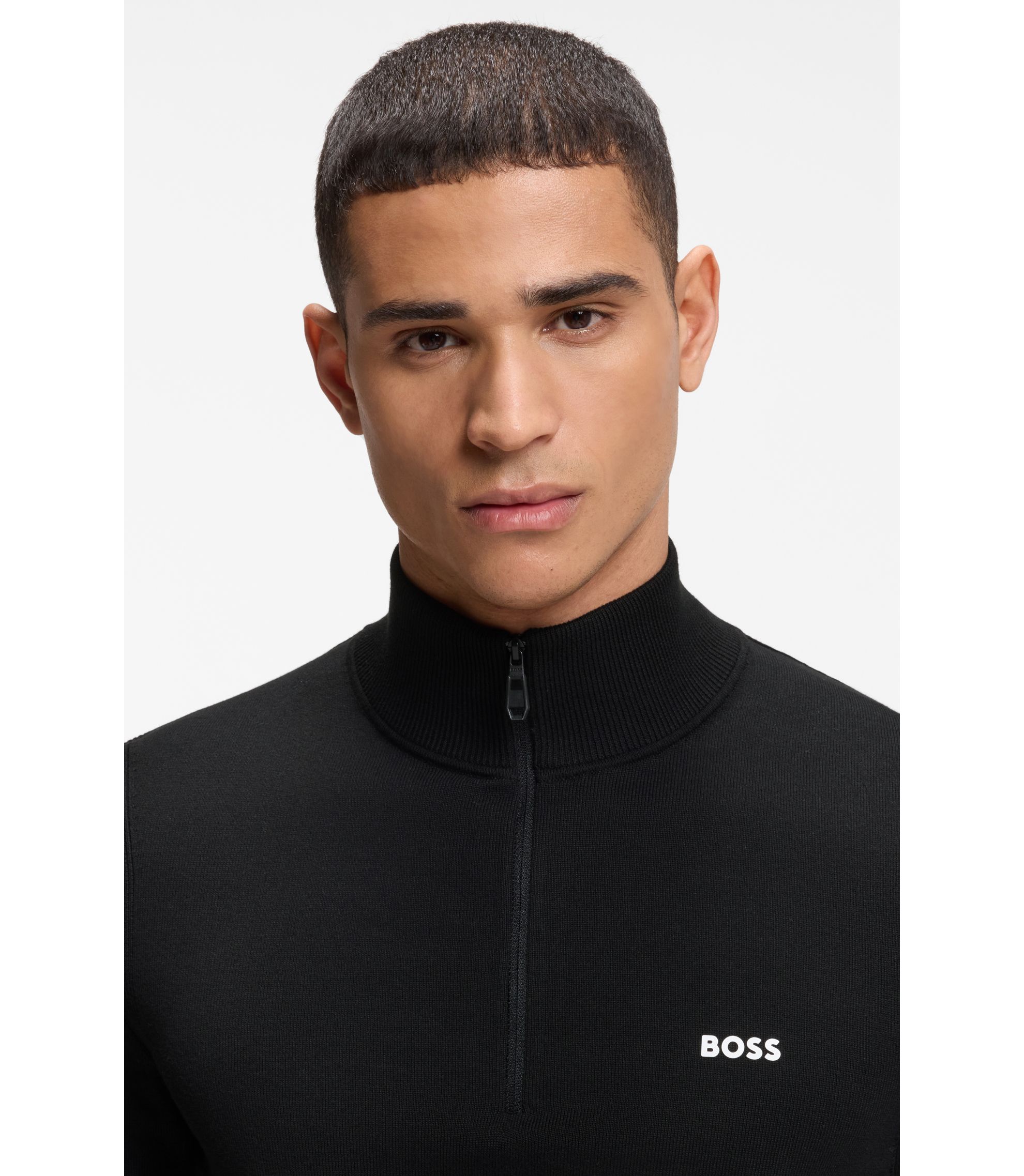 BOSS - コットンセーター クオータージップ - ブラック
