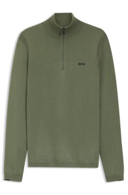 BOSS - Cotton sweater with quarter zip - Olive