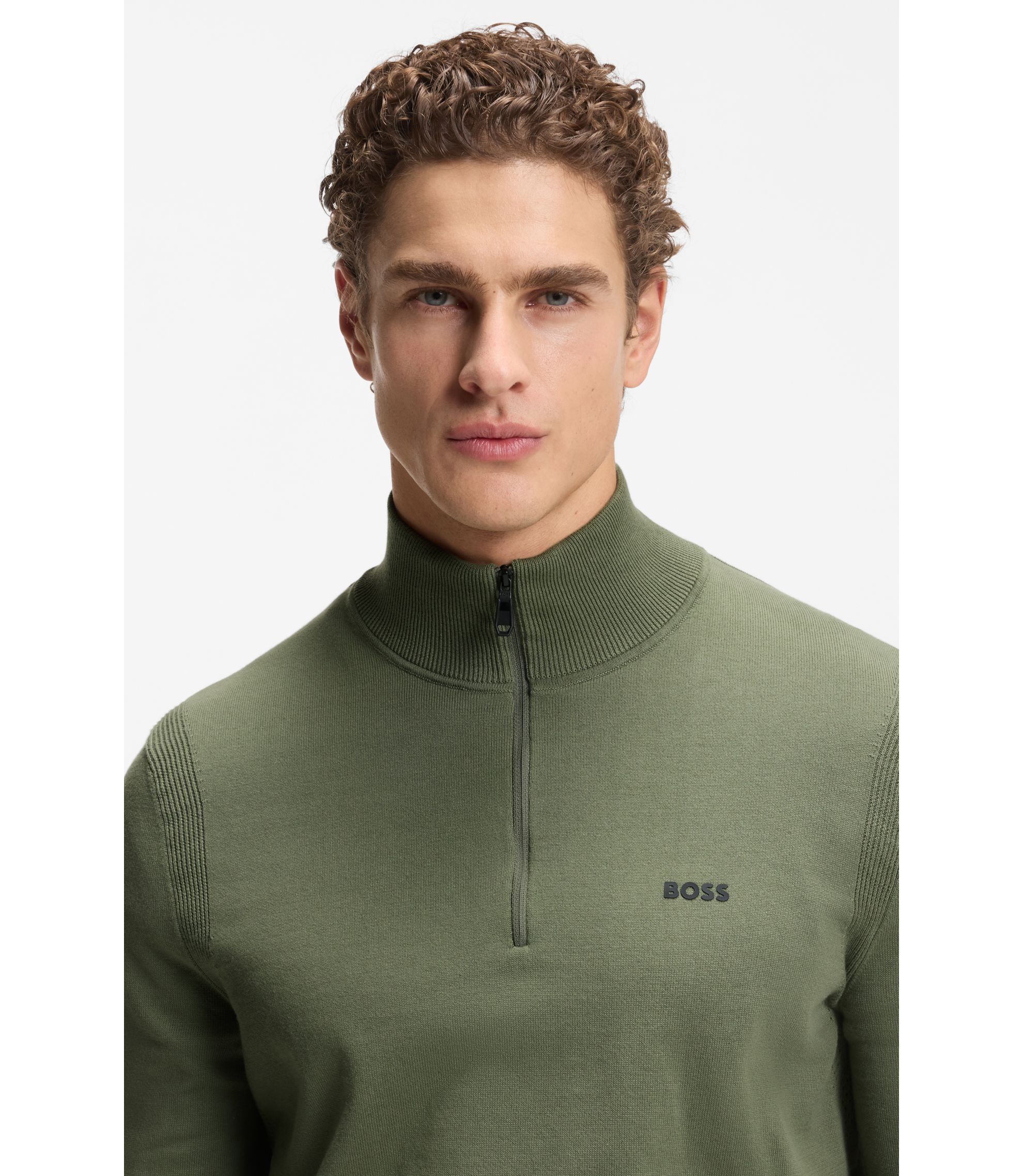 BOSS イタリア製ビンテージニット BOSS - コットンセーター クオータージップ - オリーブ