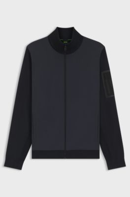 Hybrid jacket with knitted sleeves and back, Dark Blue
