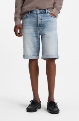 Tapered-fit shorts in bright-blue stretch denim, Light Blue