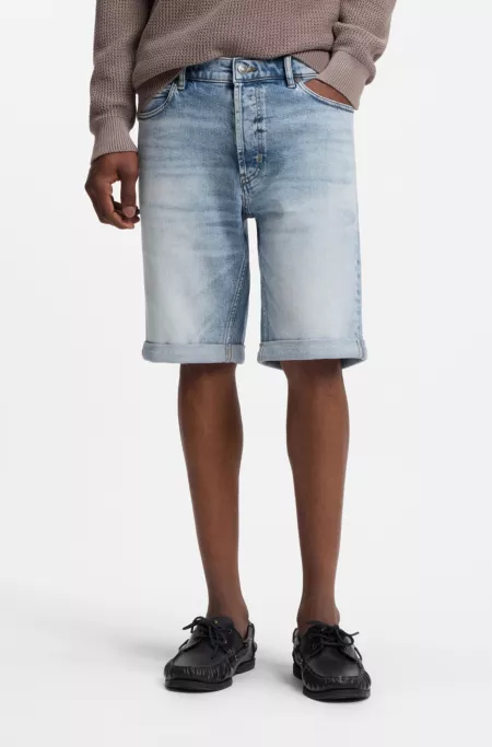 Tapered-fit shorts in bright-blue stretch denim