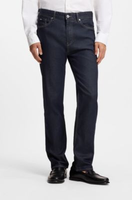 Jeans med straight fit i indigobl&aring; denim med str&aelig;k, M&oslash;rkebl&aring;