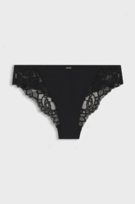 Slip in pizzo con dettagli plissettati in rete, Nero