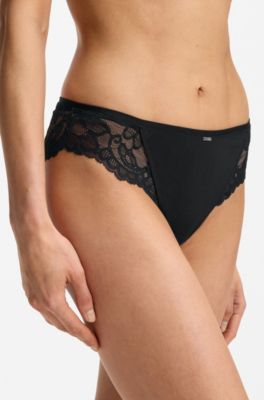 Slip in pizzo con dettagli plissettati in rete, Nero