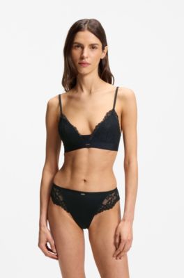 Slip en dentelle avec d&eacute;tails pliss&eacute;s en mesh, Noir
