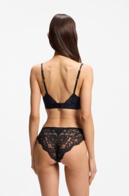 Slip in pizzo con dettagli plissettati in rete, Nero