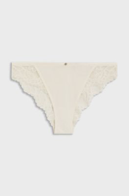 Lace briefs with mesh pleating details, Natural