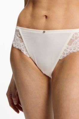 Braguitas de encaje con detalles plisados de malla, Blanco