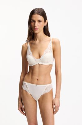 Lace briefs with mesh pleating details, White