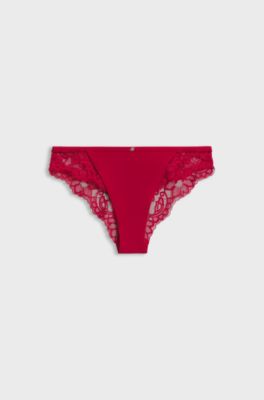 Lace briefs with mesh pleating details, Red