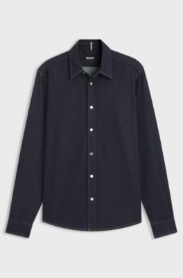 Camisa regular fit en tejido vaquero el&aacute;stico color a&ntilde;il, Azul oscuro