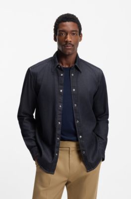 Regular-fit shirt in indigo stretch denim, Dark Blue