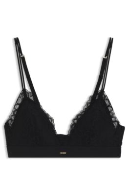 Lace triangle bra with pleated mesh detail, Black