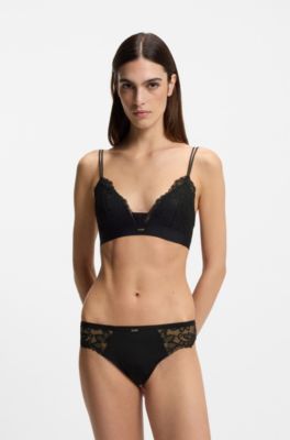 Lace triangle bra with pleated mesh detail, Black
