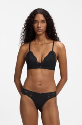 Premium lace bralette with mesh pleating, Black