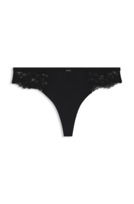 Regular-rise thong with lace and mesh pleating, Black