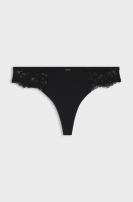 Lace briefs with mesh pleating and gold charm, Black