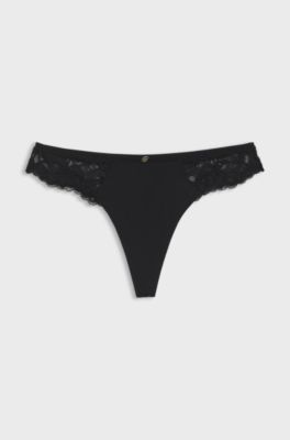 Lace briefs with mesh pleating and gold charm, Black