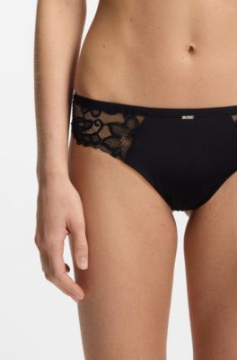 Lace briefs with mesh pleating and gold charm, Black