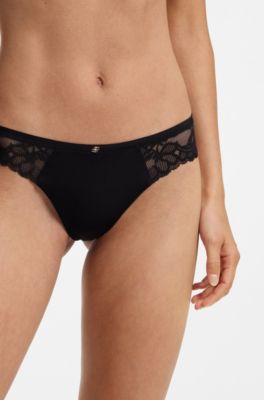 Lace briefs with mesh pleating and gold charm, Black