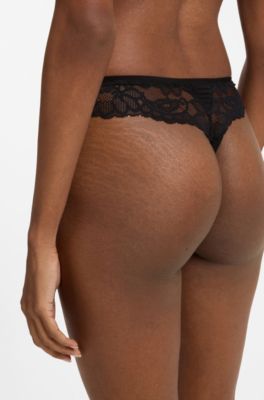 Lace briefs with mesh pleating and gold charm, Black