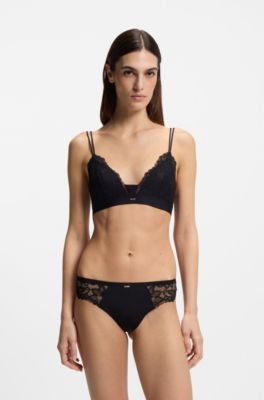 Lace briefs with mesh pleating and gold charm, Black