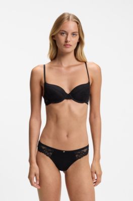Slip in pizzo con pieghe in rete e charm dorato, Nero