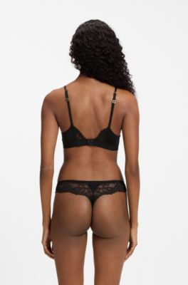 Slip in pizzo con pieghe in rete e charm dorato, Nero