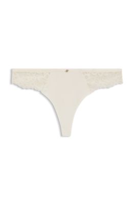 Regular-rise thong with lace and mesh pleating, White
