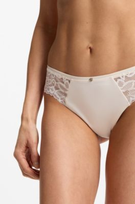Lace briefs with mesh pleating and gold charm, White