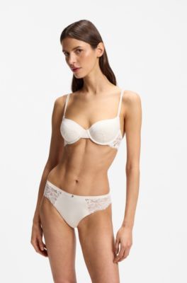 Lace briefs with mesh pleating and gold charm, White