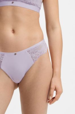 Slip in pizzo con pieghe in rete e charm dorato, Luce viola