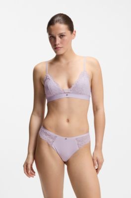 Slip in pizzo con pieghe in rete e charm dorato, Luce viola