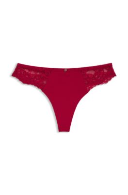 Lace briefs with mesh pleating and gold charm, Red