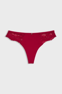 Lace briefs with mesh pleating and gold charm, Red