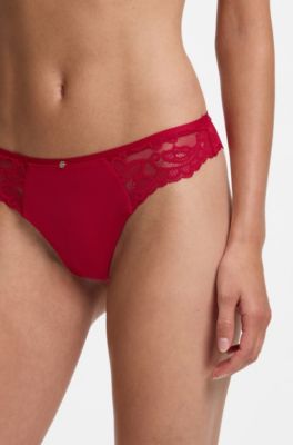 Lace briefs with mesh pleating and gold charm, Red