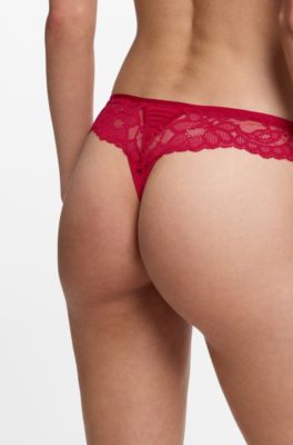 Lace briefs with mesh pleating and gold charm, Red