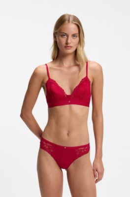Lace briefs with mesh pleating and gold charm, Red