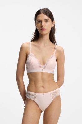 Lace briefs with mesh pleating and gold charm, light pink