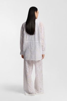 Relaxed-fit trousers with embroidered flowers, Natural