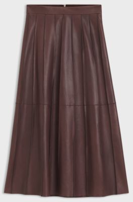 Leather midi skirt with pintuck pleats, Dark Brown