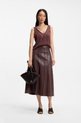 Leather midi skirt with pintuck pleats, Dark Brown