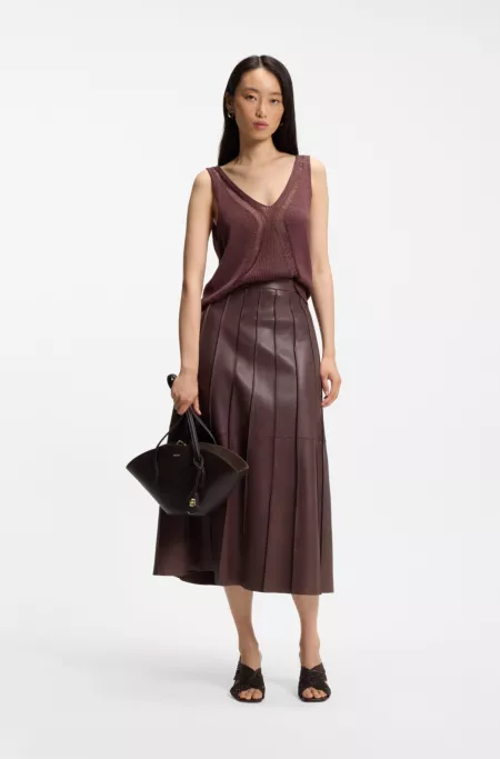 Leather midi skirt with pintuck pleats